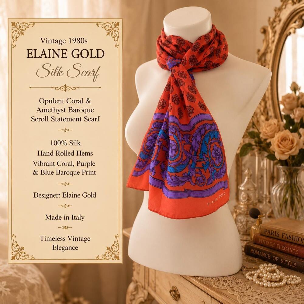 Vintage 80s Elaine Gold Silk Scarf Opulent Coral & Amethyst Baroque Scroll Scarf